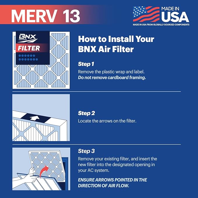BNX 14x25x1 MERV 13 Air Filter 12 Pack - MADE IN USA - Electrostatic Pleated Air Conditioner HVAC AC Furnace Filters - Removes Pollen, Mold, Bacteria