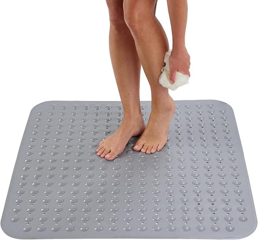 ENKOSI Extra Large Square Non Slip Shower Mat - 31 x 31-inch XL Bathroom Shower Mat - Square Shower Matts for Shower Stall Floors - Secure Suction Cups and Drain Holes (31x31 Grey)