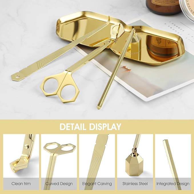 3-in-1 Candle Accessory Set, Wick Trimmer, Candle Snuffer, Wick Spoon, Stainless Steel Material Perfect for Candle Lovers(Gold)