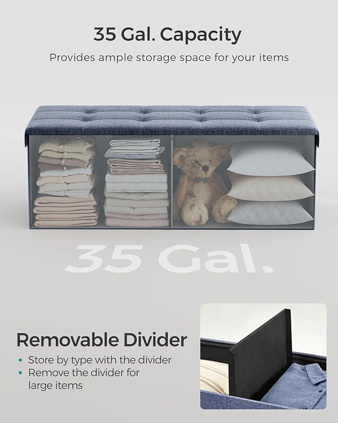 SONGMICS MAZIE Collection - 43 Inches Folding Storage Ottoman Bench, Ottoman Foot Rest, End of Bed Bench, Storage Chest, Load 660 lb, for Living Room, Bedroom, Entryway, Misty Blue ULSF077Q01