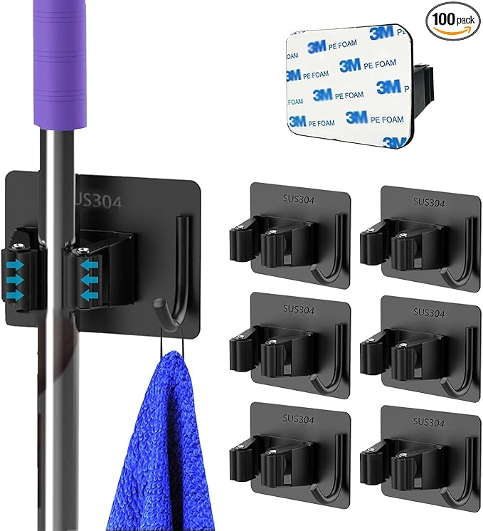 Mop and Broom Holder Wall Mount Stainless Steel Broom Mop Hanger Wall Mounted Garden Tool Rack Organizer for Closet Garage Laundry Room Kitchen Decor (Black) (6)