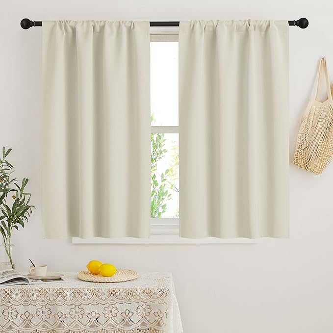 RYB HOME Small Window Curtains Blackout - Privacy Energy Saving Insulating Curtains Blinds for Bedroom Bathroom Basement Kids Nursery Kitchen, W 34 x L 48 inches, Beige, 2 Panels
