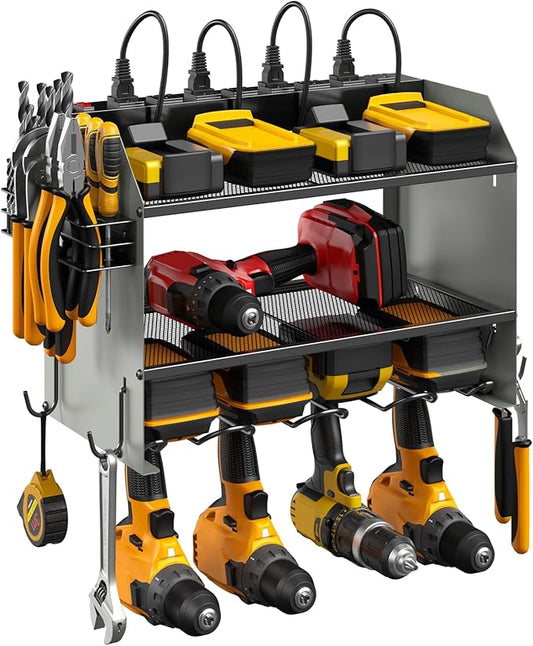 CCCEI Modular Power Tool Organizer Wall Mount with Charging Station. Garage 4 Drill Storage Shelf with Hooks, Drill Bit Heavy Duty Rack, Grey Tool Battery Holder Built in 8 Outlet Power Strip.