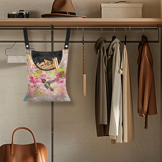 Hummingbird Clothespin Bag with Hanging Rope Cherry Blossom 14.5 x 12 Inch Summer Waterproof Laundry Clothes Pin Holder Clothespin Storage Organizer with Large Opening