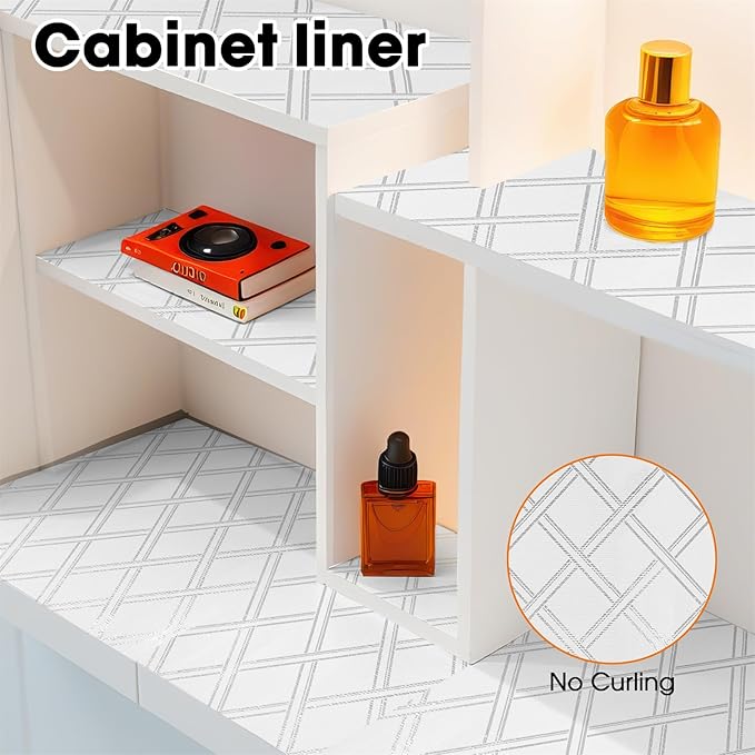 Drawer and Shelf Liners for Kitchen Cabinets Non-Adhesive Cabinet Liners Strong Grip Non Slip Waterproof Contact Paper for Cabinets and Drawers Shelves Cupboard,Silver Geometric,12IN X 20FT