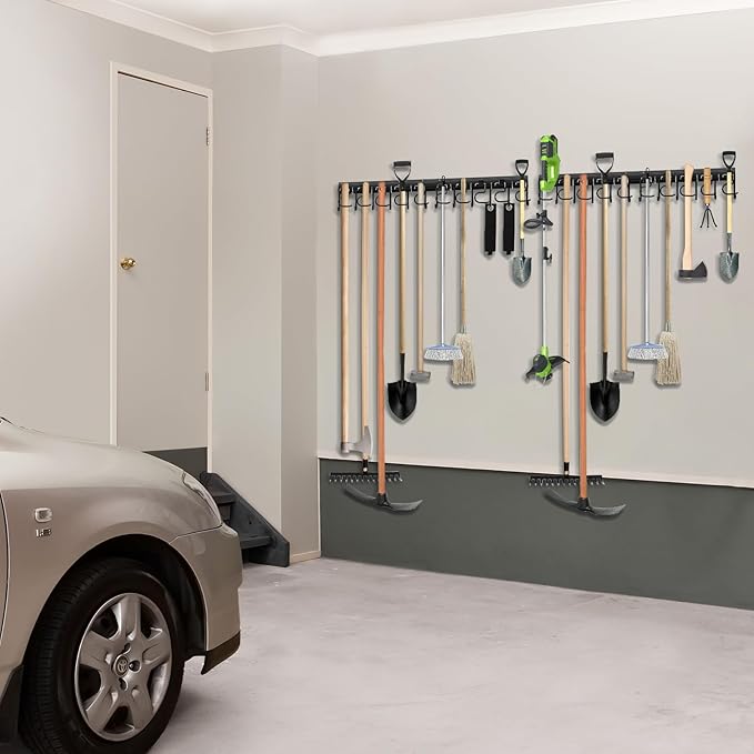 LEYU Metal Garage Tool Organizer Wall Mount, 4 Pack Garden Tool Organizer With Extension Cord Straps, Garage Organization Hooks and Hangers for Shed, Yard Storage, Wall Holder for Hanging Broom Mop