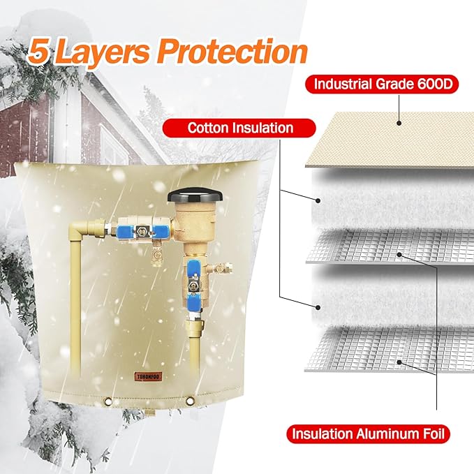 TOHONFOO Backflow Preventer Pipe Insulation Cover (5°F) - Irrigation Sprinkler Valve Insulated Pouch - Water Well Pump Cover - Sturdy 5 Layers for Winter Freeze Protection, 24" W x 26" H, Beige