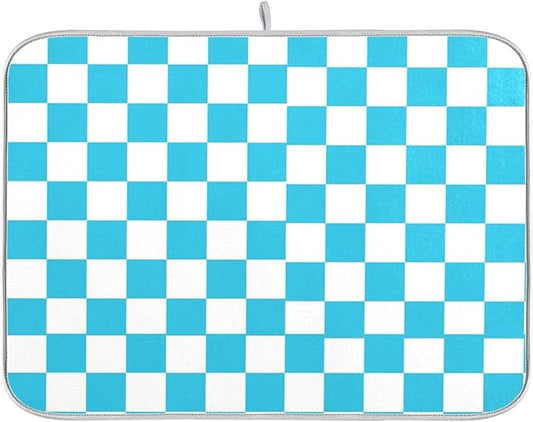Turquoise Chessboard Dish Drying Mat for Kitchen Countertop 16x18 Teal Plaid Checkered Rectangle Small Drying Mat Reusable Quick Dry Dish Sink Absorbent Mats Easy Clean Decorative Home Essentials
