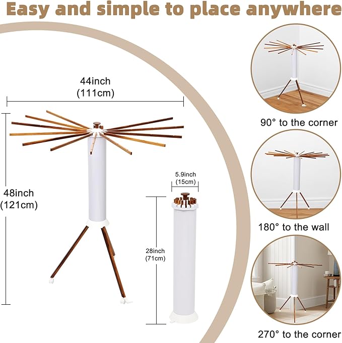 Portable Teak Tripod Clothes Drying Rack, Foldable Space-Saving Design, 16 Waterproof Teak Wood Drying Rods