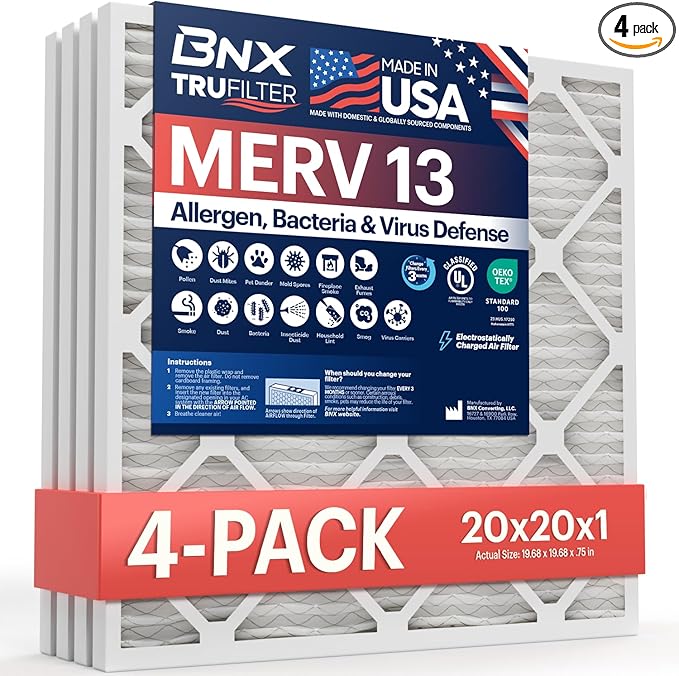 BNX TruFilter 20x20x1 MERV 13 (4-Pack) AC Furnace Air Filter - MADE IN USA - Electrostatic Pleated Air Conditioner HVAC AC Furnace Filters - Removes Pollen, Mold, Bacteria, Smoke