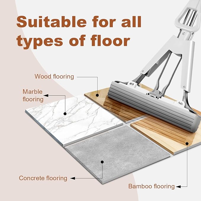 Sponge Mop for Kitchen Bathroom Garage Floor Cleaning Telescope Handle Automatic Wringing Suitable for Tile Marble Wood Floors with 1 Extra Sponge Head