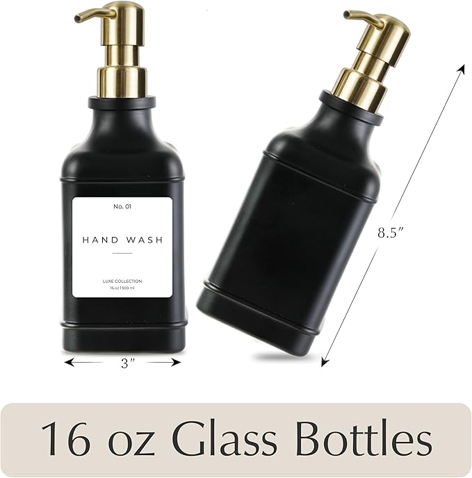 Emerson Essentials Soap Dispenser, Dish Soap Dispenser, Soap Bottle Dispenser Bathroom Set, Hand Soap Dispenser, Kitchen Soap Dispenser Set, Glass Soap Dispenser Pump + Labels | 16 Oz, 2-Pack