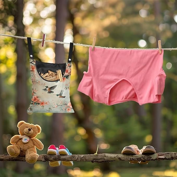 2 Pcs Hummingbird and Flowers Clothes Pin Bag, Small Hanging Laundry Bag with Hanging Rope Clothespin Bag for Clothes Line Clip Easy Access Clothes Pin Holder for Home Outdoor