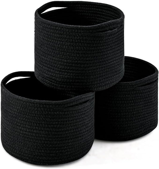 Small Black Baskets for Organizing, Storage Baskets for Shelves, Small Woven Basket for Storage, Cute Basket for Gifts, Mini Cotton Rope Baskets, 9.7"×9.7"×7" (3 Packs) Black