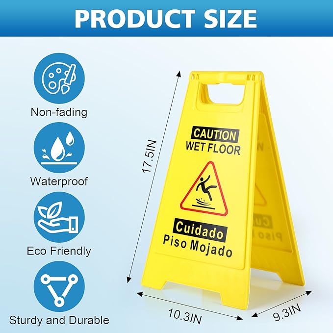 8-Pack Caution Wet Floor Sign,17.5" Height,Bright Yellow Double-Sided Folding A-Shaped Frame Design, Bilingual Caution Message