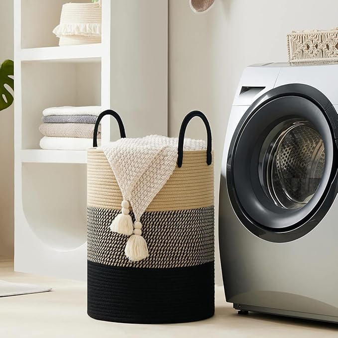 YOUDENOVA Woven Rope Laundry Hamper Basket, 100L Tall Laundry Basket, Baby Nursery Hamper for Blanket Storage, Clothes Hamper for Laundry in Bedroom-Extra Large-Black Brown