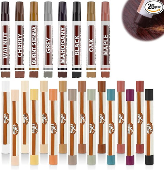 A-HEYIDA Wood Filler Sticks -16 Colors Wax Crayons for Furniture Scratch & 8 Colors Wood Touch-up Markers for Repair Any Scratches, Scuffs, Cracks and Nail Holes on Furniture,Floors,Doors,Cabinets