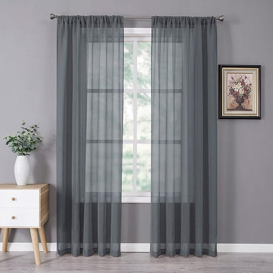 Tollpiz Sheer Curtain Linen Textured Living Room Curtains Sheer Light Filtering Rod Pocket Voile Curtain for Bedroom, 54 x 72 inches Long, Dark Grey, Set of 2 Panels