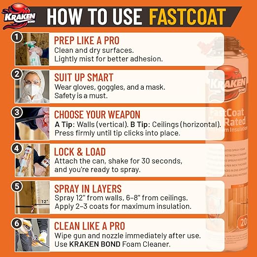 Kraken Bond Fastcoat Fire Rated Spray Foam Insulation Kit Closed Cell in a Can 20 sq ft (1x27.1 oz.) (R-Value 11.32 / 2in) - Spray Foam for Garage Door, Attic, Wall Gun & Cleaner Not Included, 1 Pack