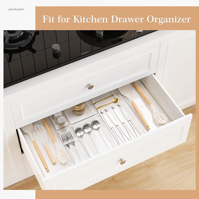 Criusia Drawer Organizer, 12 Pack Clear Plastic Kitchen Drawer Organizers Set,4-Size Versatile Bathroom and Vanity Organizer Trays,Storage Bins for Makeup, Bathroom, Jewelries and Office