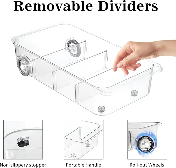 MineSign 2Pack Roll Out Fridge Caddy Bins Pull Out Drawer with Wheels Refrigerator Organizer Bins with Handles Divided Fruit Caddy for Fridge Pantry Cabinet Storage Cans Drinks