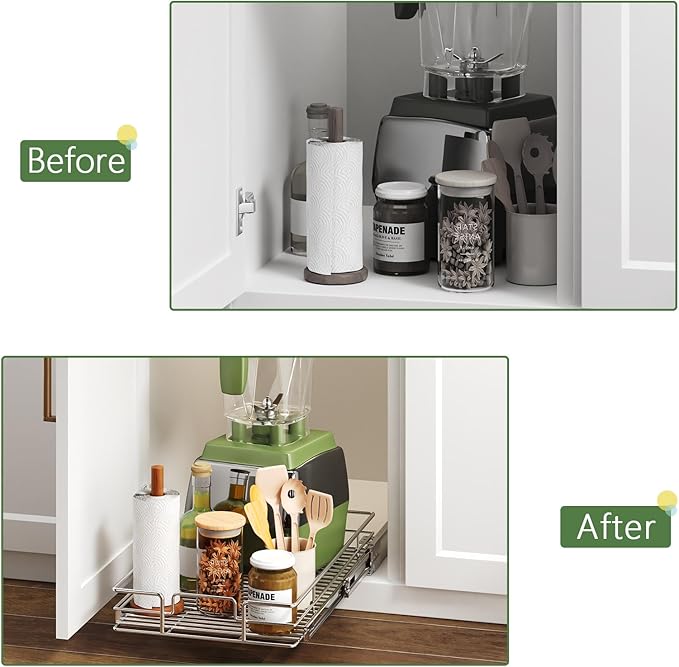 Pull Out Cabinet Organizer 10½" W x 18" D, Heavy Duty Cabinet Pull Out Shelves, Slide Out Drawers Organization for Kitchen Cabinets Bathroom