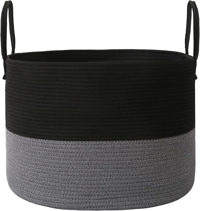 Woven Blanket Basket,115L Large Rope Storage Bin with Handles, Organizer for Blankets Toys Book and Clothes, Laundry Basket for Living Room Bedroom Nursery,Black&Grey