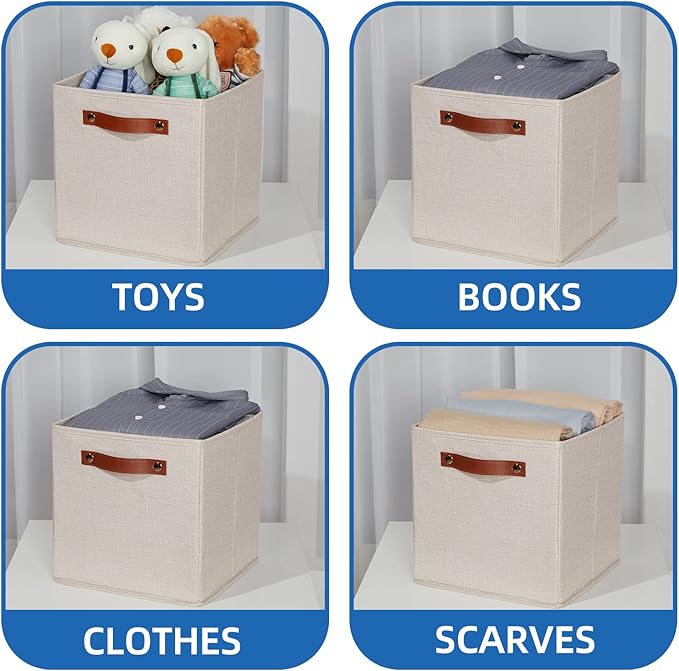 Temary 11x11 Storage Cubes Fabric Storage Cubes Storage Bins with Dual Leather Handles Canvas Storage Boxes for Organizing Home, Shelf, Closet (Beige, 11 x 11 x 11)