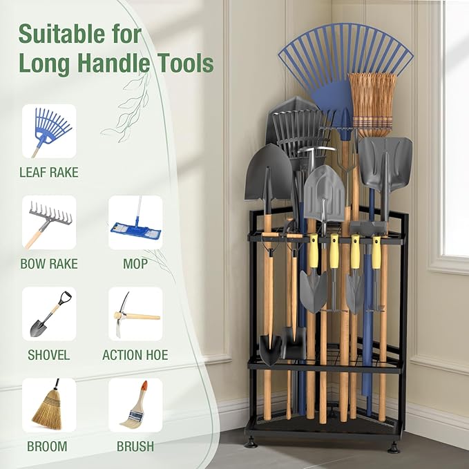Garden Tool Organizer for Corner,Metal Yard Tool Organizer for Long-Handled Tools/Rakes/Brooms,Side Garden Pocket,Heavy Duty Steel Yard Tool Storage Rack for Garage,Shed, Outdoor