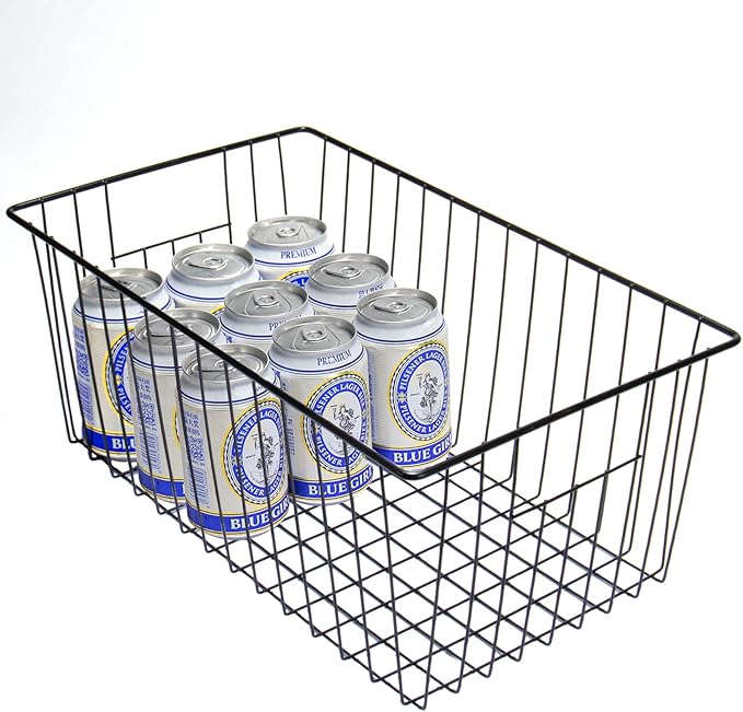 16" L x 12" W Wider Freezer Storage Organizer Baskets Container, Deep Metal Wire Chest Upright Refrigerator Divider Bins with Built-in Handles for Cabinet, Pantry, Closet, Kitchen, Black