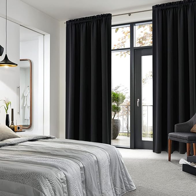 DWCN Blackout Curtains for Bedroom – Rod Pocket Thermal Insulated Noise Reducing Noise Reducing Drapes for Living Room, W 52 x L 95 Inch, 2 Panels, Black