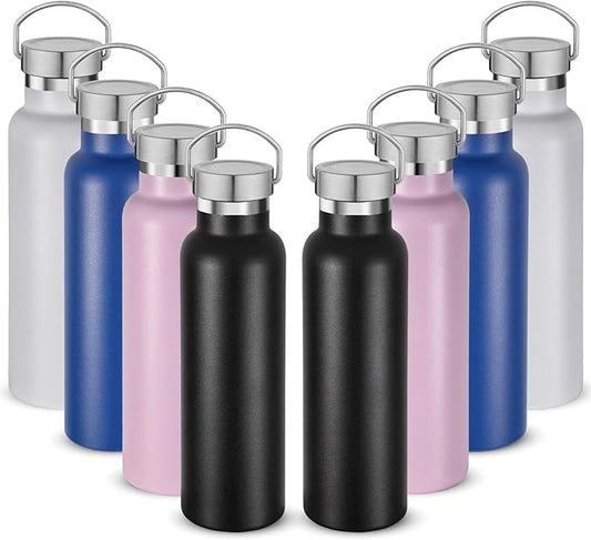 Neihepal 20 oz Insulated Water Bottles Bulk 8 Pack,Stainless Steel Double Wall Sport Bottle with Lid of Handle,Metal Reusable Flask for School,Cyclists,Hikers,Gift (Mix,Set of 8)
