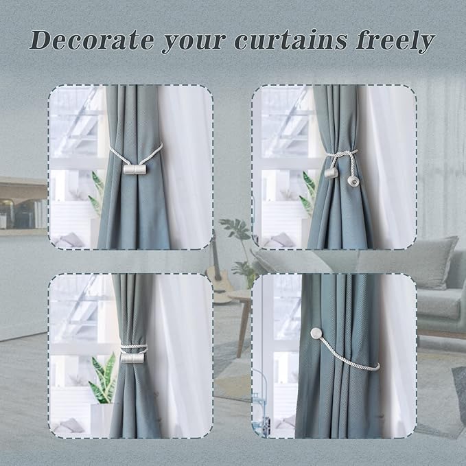 Hion Magnetic Curtain Tiebacks White 6 Pack, Curtain Tiebacks Buckles Holdbacks Holders Hooks Clip for Home Bedroom Office Decorative Thick or Thin Curtain
