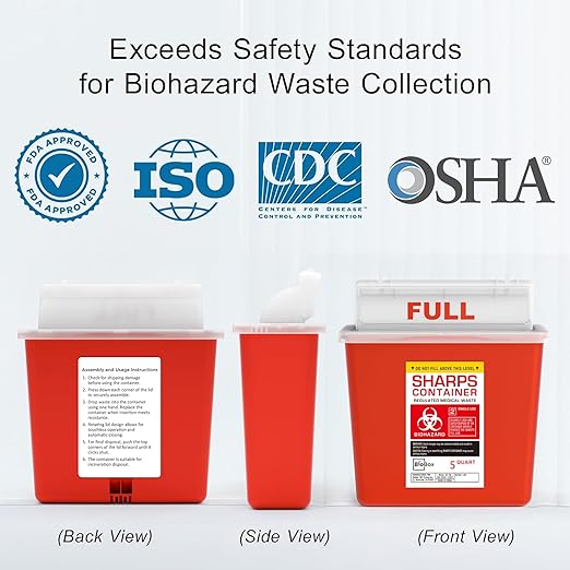 Sharps Container Large - Sharps Containers for Home Use and Labs - Portable Needle Disposal and Travel Size Biohazard Bin - 5 Quart Plus (Pack of 2)