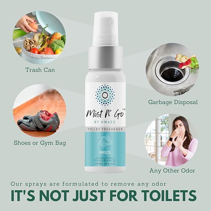 Mist N' Go by Omaze Travel Odor Eliminator - Toilet Spray for Bathroom Air Freshener - Daily Pack (2oz x1 + 1oz x1)