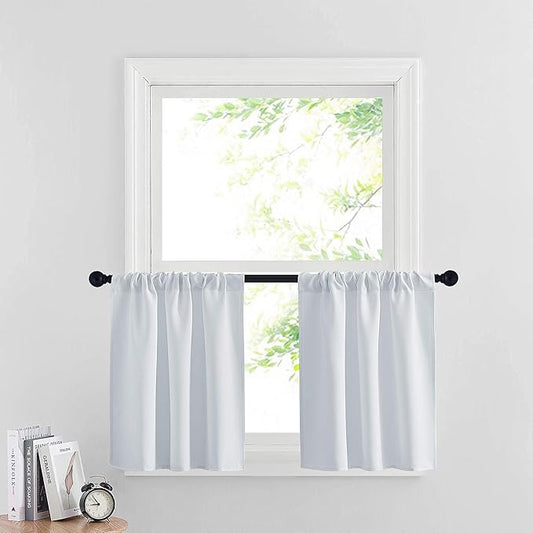 RYB HOME White Curtains for Small Window Energy Efficiency Room Darkening Curtains for Kids Nursery/Dining Room/Bathroom, W 29 x L 24 inch per Panel, Grayish White, 2 Panels