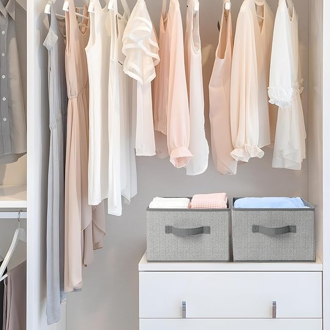 Storage Baskets, 11-Inch Woven Fabric Bins, Storage Cubes with Reinforced Handles, Organizer Bins for Closet Shelves, Foldable, for Toys, Clothes, Natural Beige (2PCS/Grey-11*11*7.8inch)
