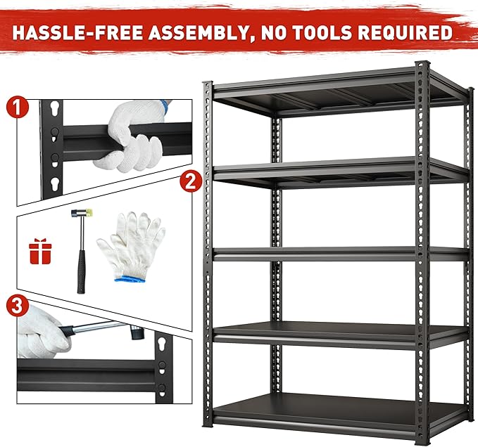 REIBII 72" H Garage Shelving Load 2500 LBS, Heavy Duty Storage Shelves, 5-Tier Adjustable Garage Shelves for Warehouse, Basement, 72" H x36 W x18 D, Black, 4 Pack