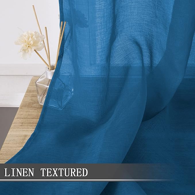 Tollpiz Sheer Curtains Linen Textured Living Room Curtain Sheers Light Filtering Rod Pocket Voile Curtains for Bedroom, 42 x 63 inches Long, Classic Blue, Set of 2 Panels