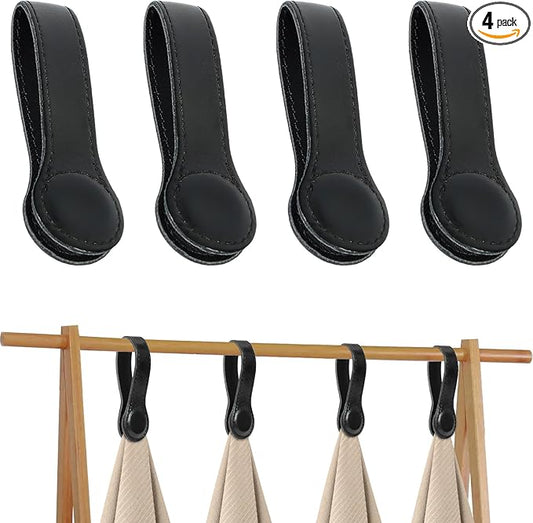 4 PCS Genuine Leather Towel Clips for Kitchen, Magnetic Hand Clips, Towel Holder with Magnet for Rods and Racks, Bathroom Accessory (Black)