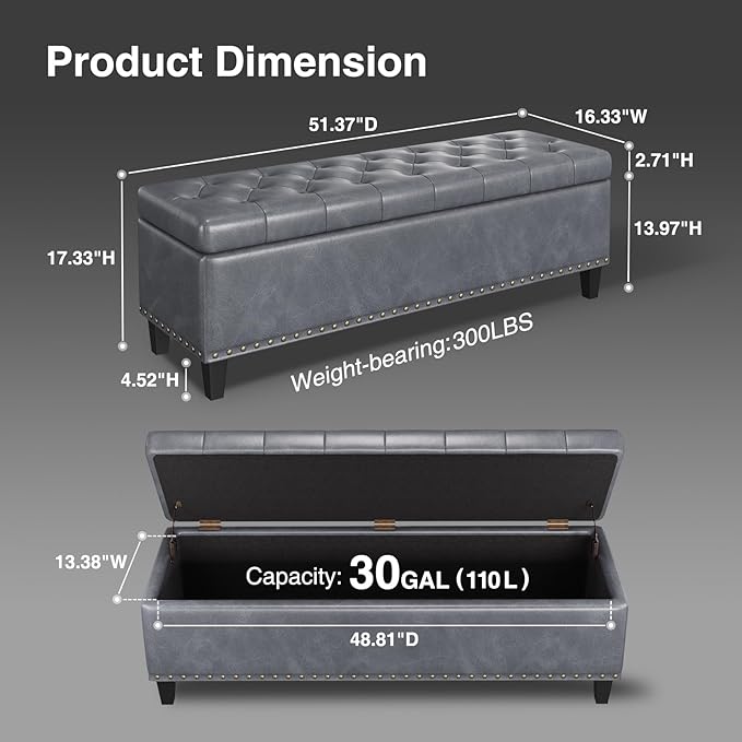 Storage Ottoman Bench, 51-Inch Large Storage Ottoman for Bedroom End of Bed, 30 Gallons Faux Leather Bench for Bedroom, Living Room, Entryway, Hallway, Grey