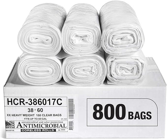 Aluf Plastics High Density Trash Bags, 60 Gallon, 800 Count, 17 Micron (eq), 38" x 60", Clear, for Bathroom, Office, Industrial, Commercial, Janitorial, Municipal, Recycling