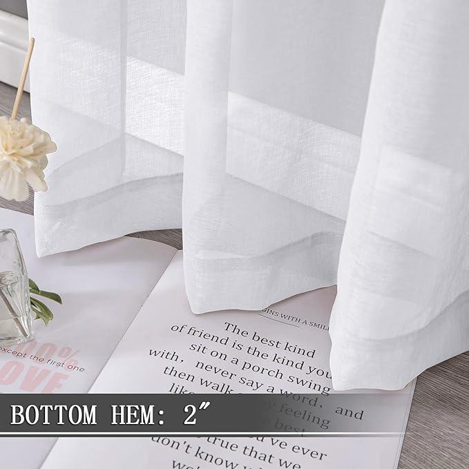 Tollpiz Sheer Curtain Linen Textured Living Room Curtains Sheer Light Filtering Rod Pocket Voile Curtain for Bedroom, 54 x 72 inches Long, White, Set of 2 Panels