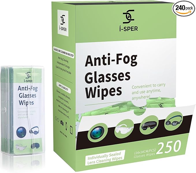 250 Count Anti Fog Lens Wipes for Eyeglasses, Pre-Moistened Individual Wrapped Glasses Wipe Lens Cleaner, with a Carrying Box, Defogging Screen Wipes for Eyeglasses, Sunglass, Goggles, Camera Lens