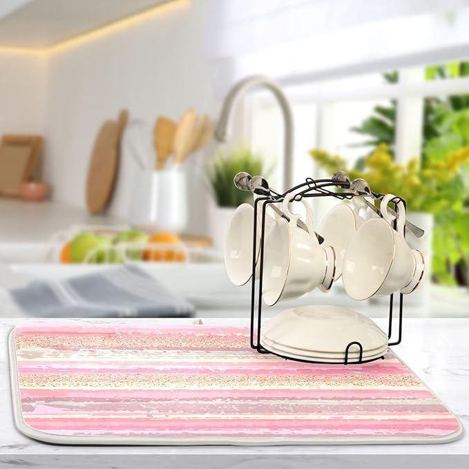 Pink Gold Stripe Dish Drying Mat for Kitchen Countertop 16x18 Rectangle Small Drying Mat Reusable Quick Dry Dish Sink Absorbent Mats Dishwasher Easy Clean Decorative Home Decor Essentials