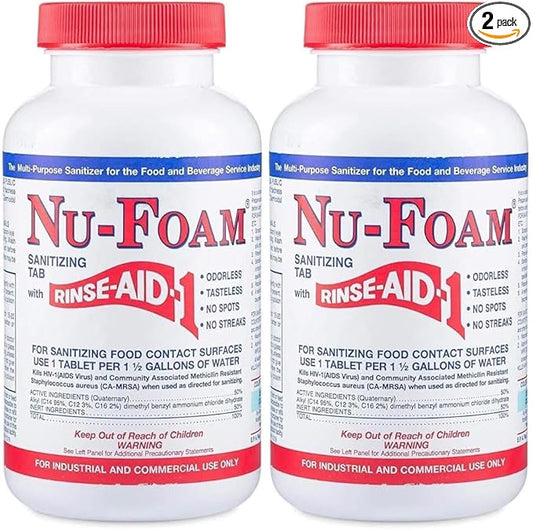 Nu-Foam Sanitizing Tablets for Bar Glassware – Superior Rinse Aid - Hand Washing Bar, Tavern, Brewery Supplies - Spotless Serving Glasses -2 Pack 200 Tablets - Makes 1,200 Quarts Sanitizing Solution