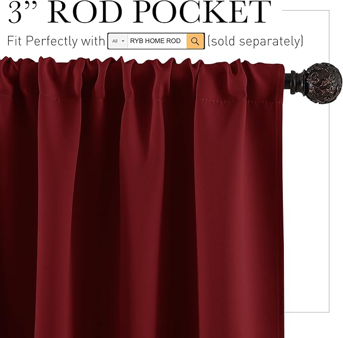 RYB HOME Red Curtains Blackout Window Covering Light Blocking UV Protection Draperies Window Treatments Shades for Babys' Room Nursery, 42 Wide by 72 Long, Burgundy Red, Set of 2