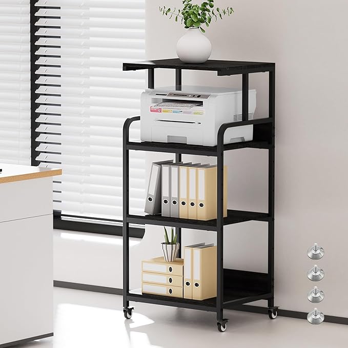 4 Tier Printer Stand with Storage Shelf, Large Tall Printer Table for Home Office, Mobile Printer Cart with Industrial Wheels for Paper Shredder Scanner Fax Heat Press Small Space Organization (Black)