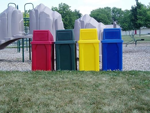 32 Gallon Square 100% Recycled Plastic Heavy Duty Outdoor Trash Can with Push Lid - Great for Schools and Businesses - Brown Granite