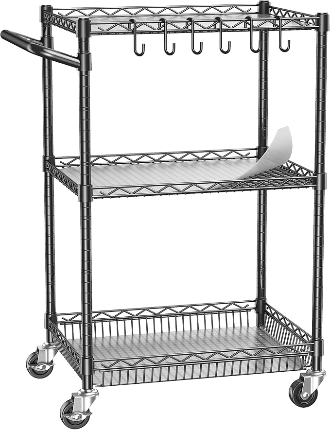 Metal Steel Wire Cart with Wheels, 3 Shelf Rolling Cart, Kitchen Trolley with Handle Bar&Shelf Liner, Commercial Grade Mobile Storage Cart for Kitchen, Living Room, Laundry, Grocery